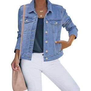 Women's Button Down Stretch Fitted Long Sleeves Denim Jean Jacket Medium Blue
